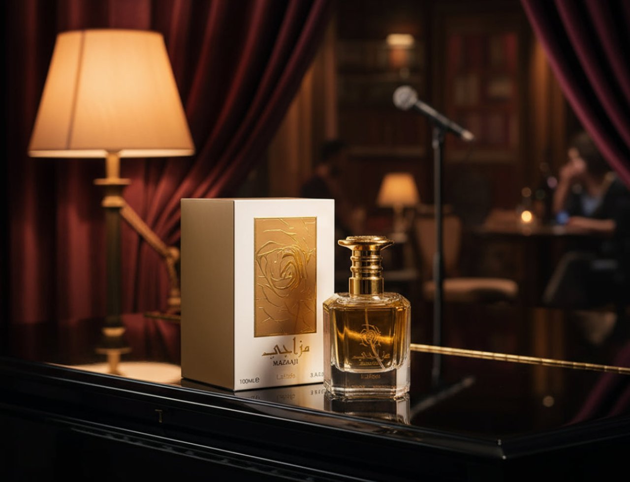 Lattafa Mazaaji by Lattafa 100ml EDP untuk Wanita — Botol dan kotak minyak wangi beraksen emas dipamerkan di atas piano hitam, dengan lampu dan langsir pentas di latar belakang.