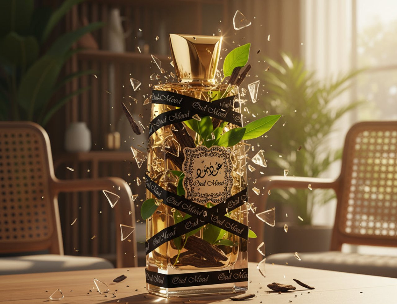 Lattafa Oud Mood by Lattafa 100ml EDP Unisex — Kotak silinder emas dan krim serta botol minyak wangi kaca jernih berlabel hitam emas terletak di atas dulang perak. Menara Berkembar Petronas kelihatan di luar tingkap besar di latar belakang.