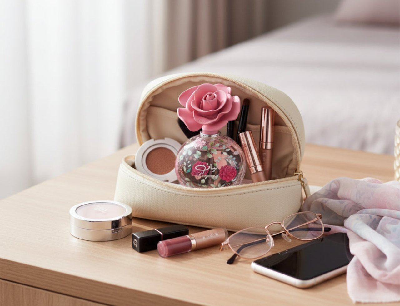 Lattafa Layaan by Lattafa Perfume 75ml EDP — A cream-colored makeup bag is open, revealing a perfume bottle with a pink rose cap, makeup items, and a pair of glasses and a phone on a wooden table.
