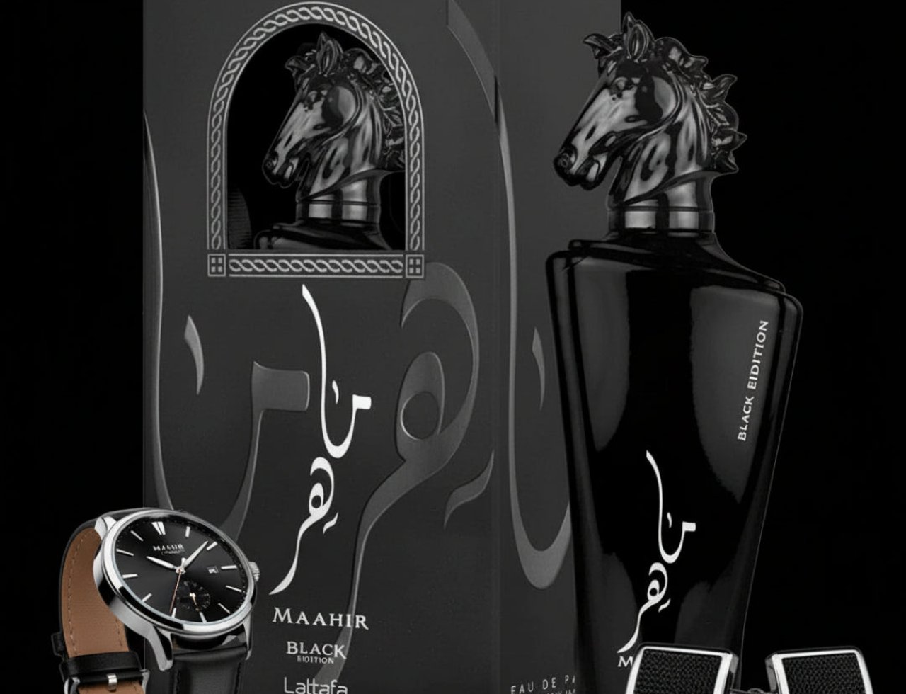 Lattafa Maahir Black Edition — Botol minyak wangi hitam dengan penutup kepala kuda, kotak sepadan, jam tangan kulit, dan butang lengan di latar belakang hitam.