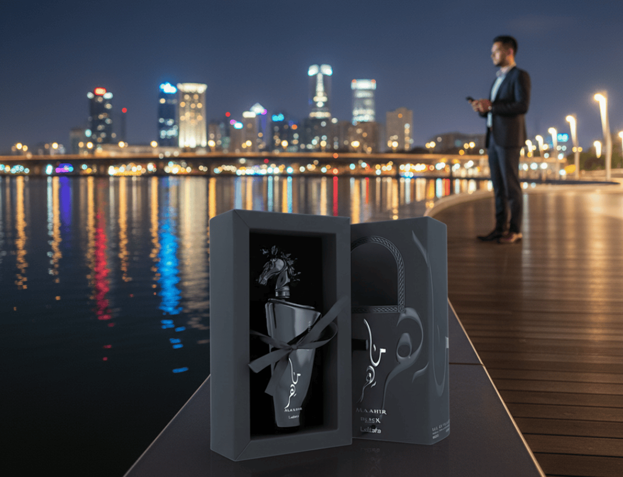 Lattafa Maahir Black Edition by Lattafa 100ml for Men — Black perfume bottle with horse head stopper in a gift box, with a city skyline and water reflections at night.