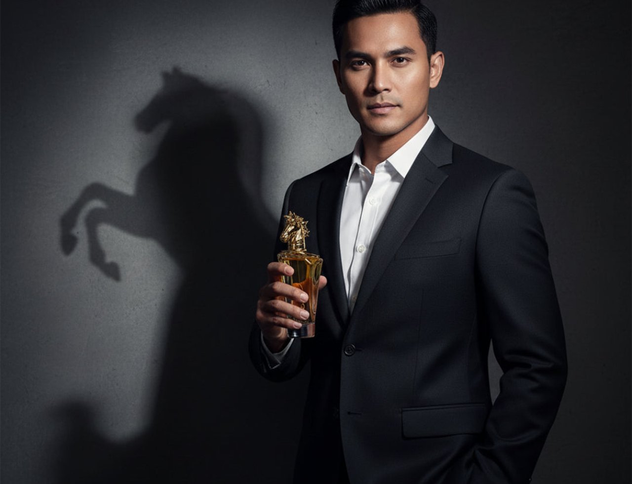 Lattafa Maahir by Lattafa 100ml EDP for Lelaki — Lelaki berbaju hitam pegang botol minyak wangi berpenutup emas, dengan bayangan kuda terpantul di dinding.
