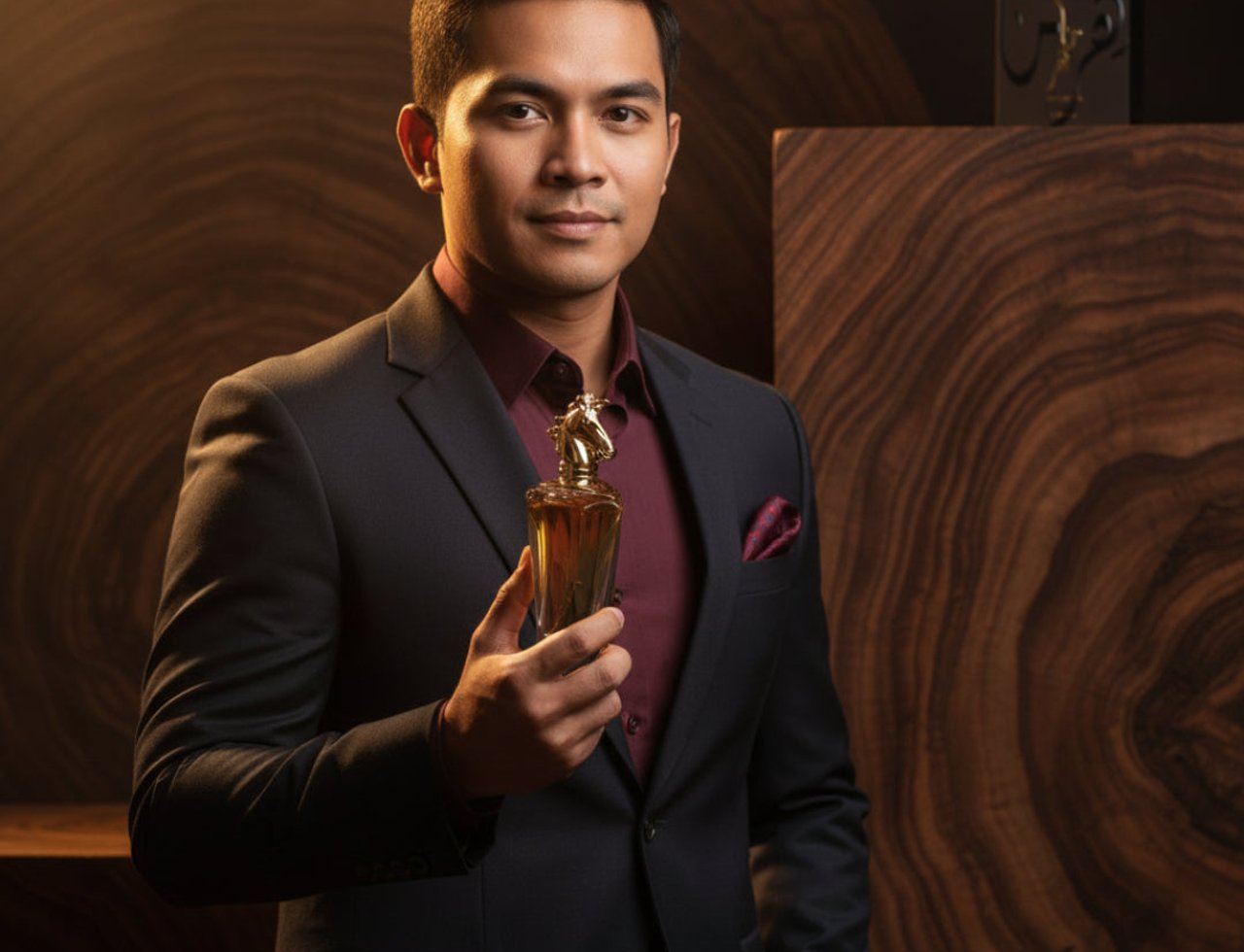 Lattafa Maahir by Lattafa 100ml EDP for Men — Man in a suit holding a gold horse-head capped perfume bottle, with a dark wood grain background.