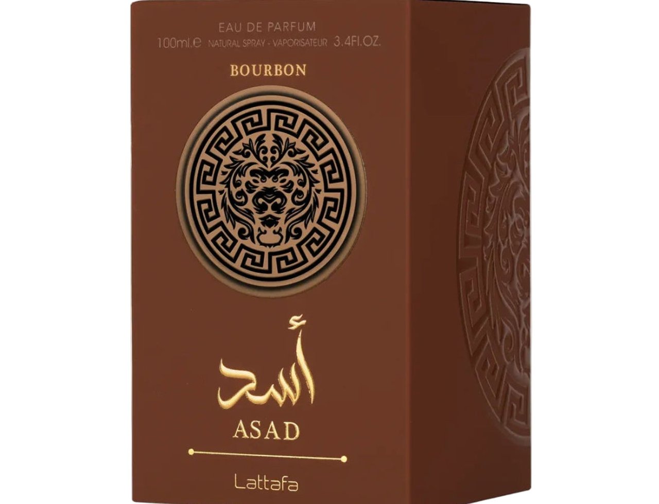Lattafa Asad Bourbon 100ml — Brown perfume box with gold embossed lion emblem and Arabic script.