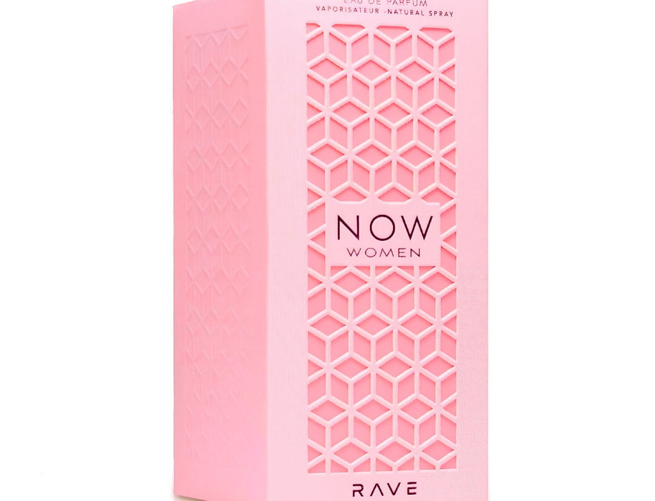 Now Women by Rave Lattafa Perfumes 100ml Eau de Parfum — Kotak dan botol merah jambu bercorak dengan potongan geometri, memaparkan logo 'NOW WOMEN'.