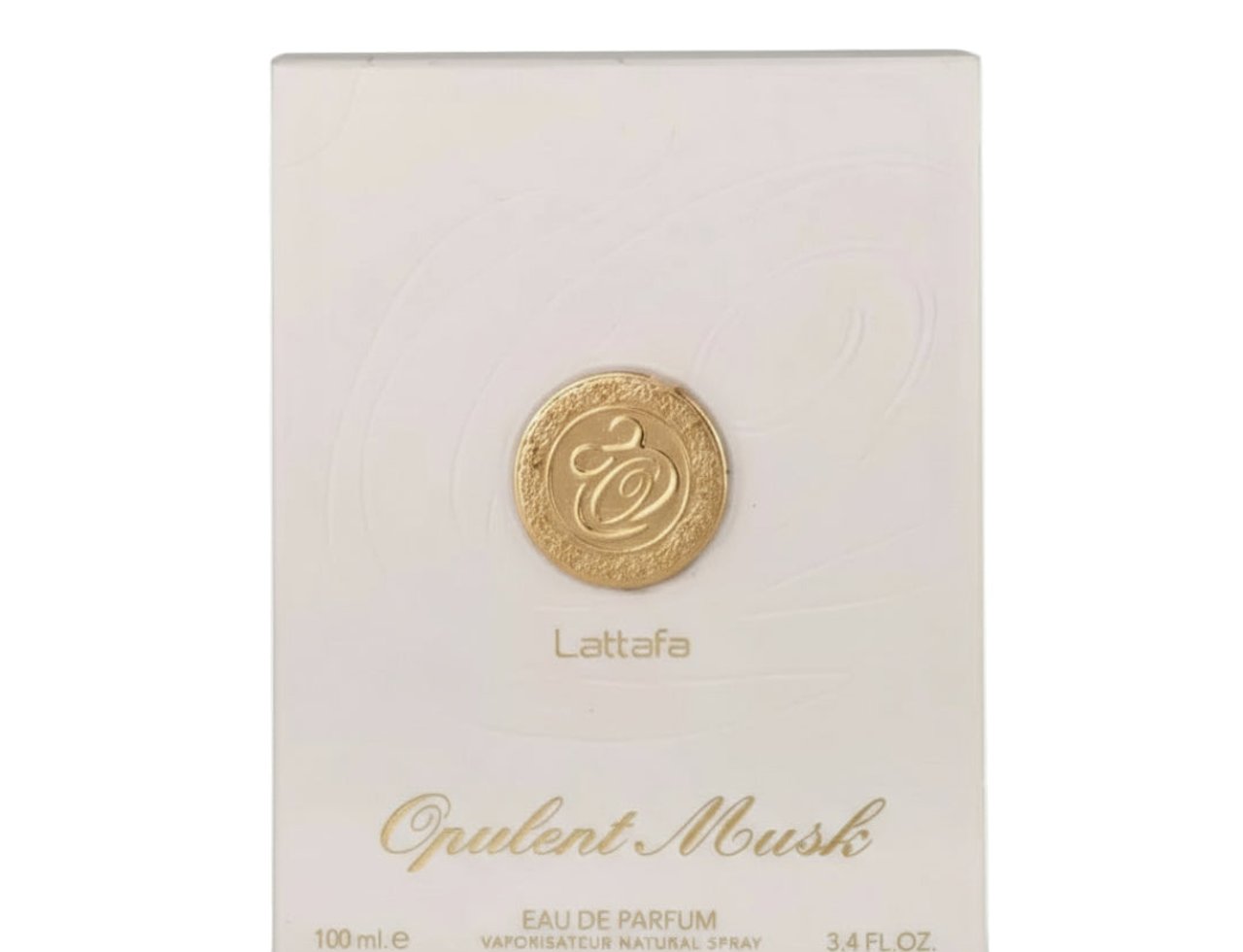 Lattafa Opulent Musk oleh Lattafa 100ml EDP Unisex — Kotak minyak wangi putih dengan logo dan tulisan timbul emas.