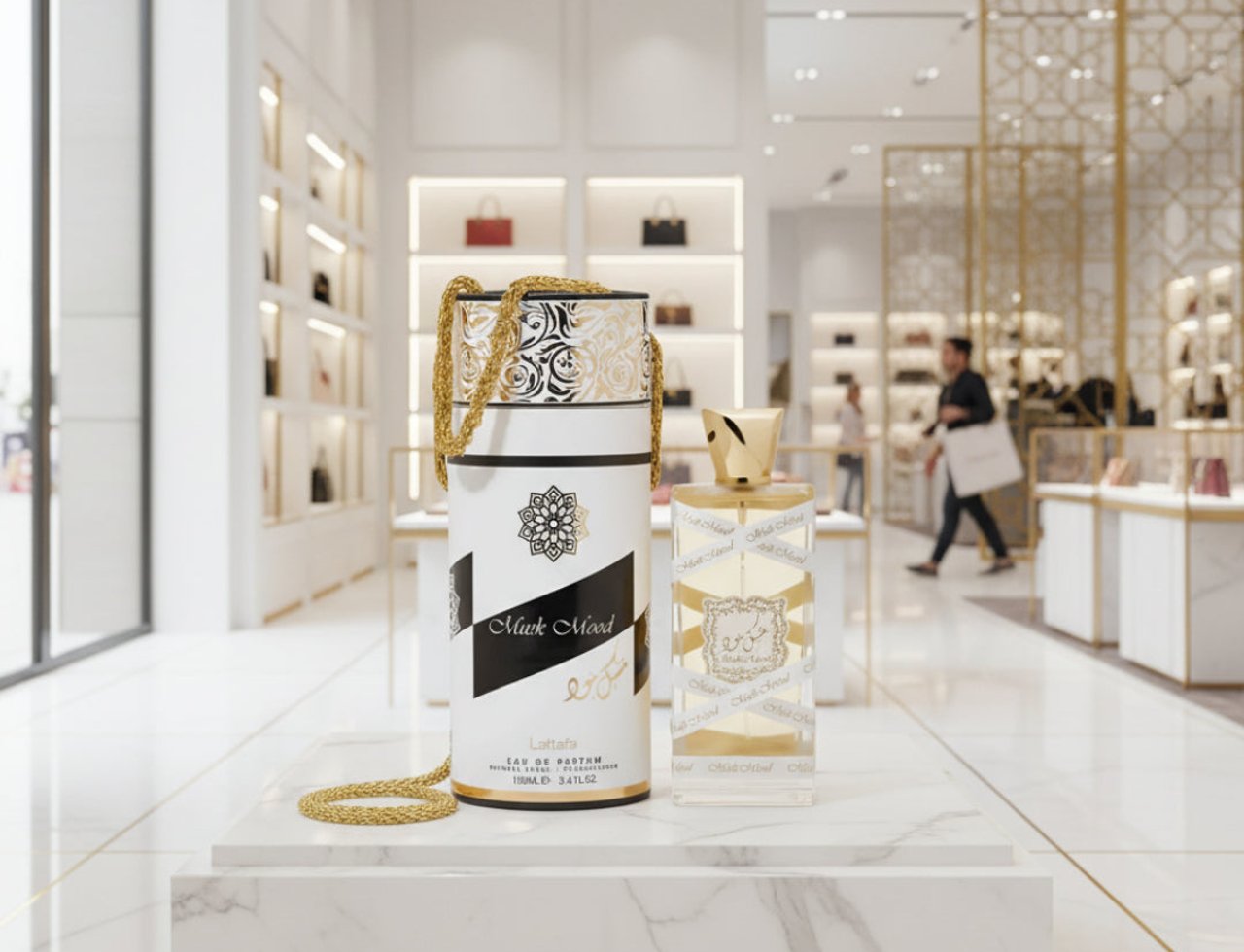 Lattafa Musk Mood by Lattafa 100ml EDP Unisex — Kotak hadiah silinder tinggi dengan rantai emas dan botol minyak wangi berpenutup emas, dipamerkan di atas permukaan marmar di kedai mewah.