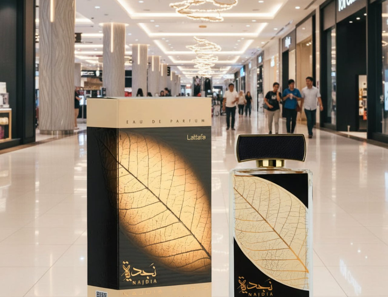 Lattafa Najdia in Gold by Lattafa 100ml Unisex — Kotak dan botol minyak wangi berhias daun emas, dipamerkan di dalam pusat membeli-belah.