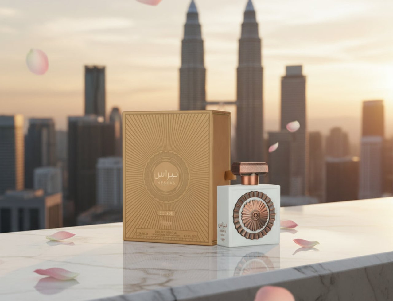 Lattafa Pride Nebras Elixir by Lattafa for Her – White perfume bottle and gold box with Arabic script, set against a cityscape at sunset with falling rose petals.