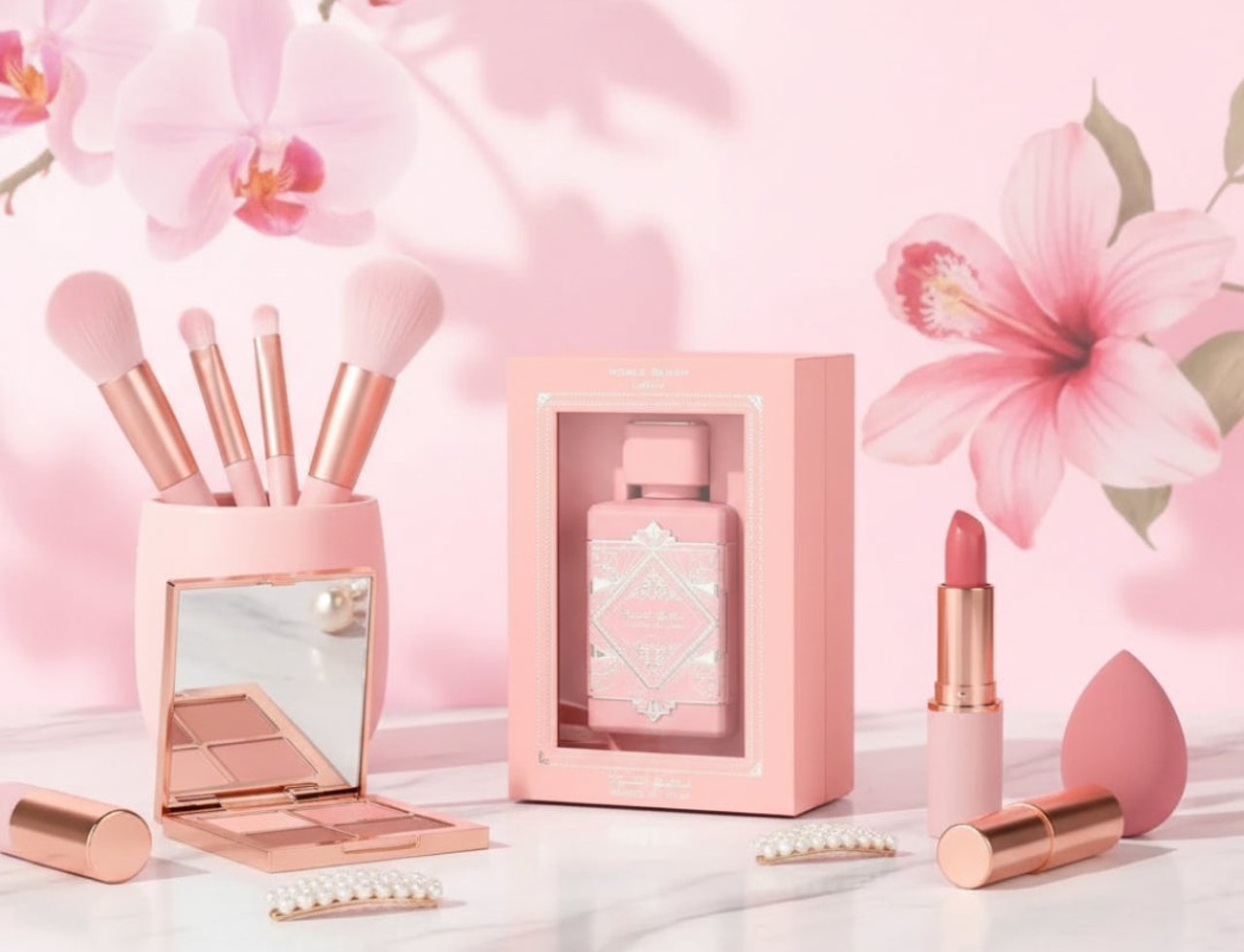Lattafa Bade Al Oud Noble Blush by Lattafa 100ml — Set kecantikan merah jambu dengan botol wangian, berus solek, palet pembayang mata, gincu, span solek dan aksesori rambut mutiara di atas meja marmar dengan bunga orkid dan hibiscus merah jambu di latar belakang.