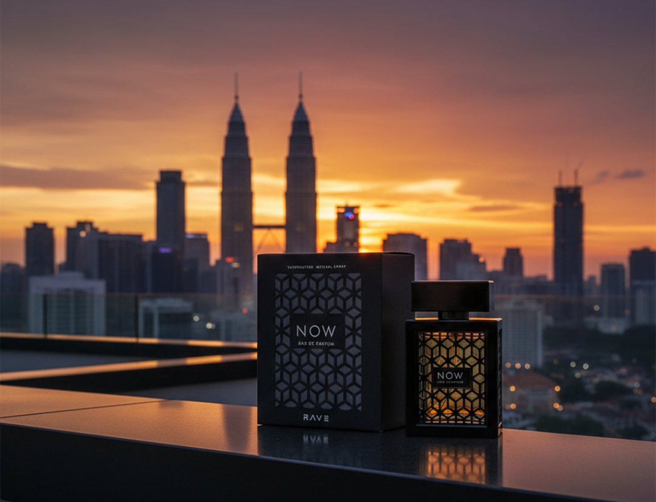 Rave Now by Rave Perfume Lattafa 100ml For Man — A black perfume box and bottle displayed on a dark ledge with a city skyline and sunset in the background.