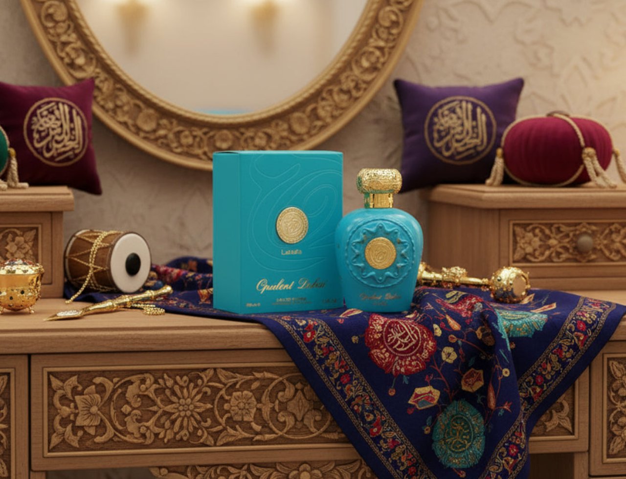 Lattafa Opulent Dubai oleh Lattafa Perfume 100ml (Unisex) — Botol dan kotak minyak wangi teal di atas meja solek kayu berukir, berhias emas dan bantal hiasan.