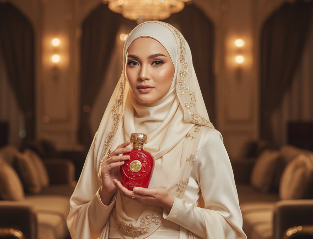 Lattafa Opulent Red by Lattafa 100ml Unisex — Wanita bertudung dan berbaju krim memegang botol minyak wangi merah berhiasan emas, dalam dalaman mewah dengan candelier.