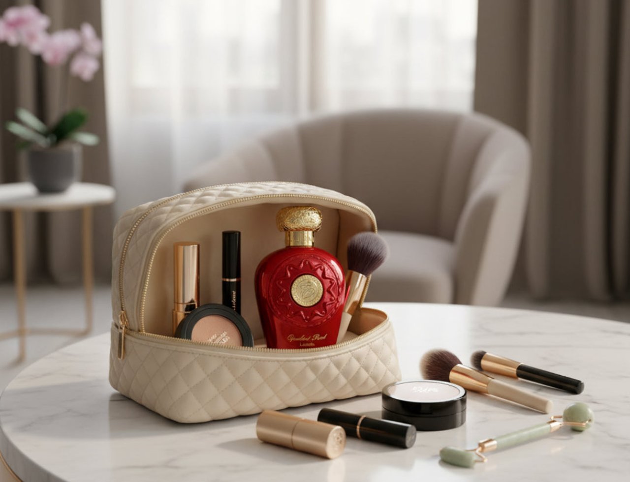 Lattafa Opulent Red by Lattafa 100ml Unisex — A red perfume bottle with a gold cap and intricate design sits inside a quilted beige makeup bag, surrounded by makeup brushes, lipstick, and a jade roller on a marble table.