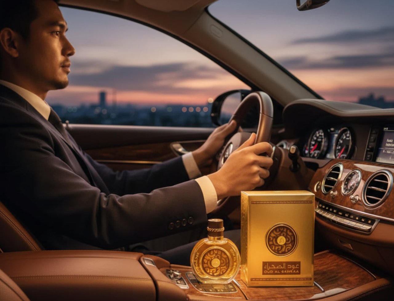 Lattafa Oud Al Sahraa by Lattafa Perfumes – 100 ml Unisex, a man in a suit driving a luxury car at sunset, with a gold perfume bottle and box on the center console.