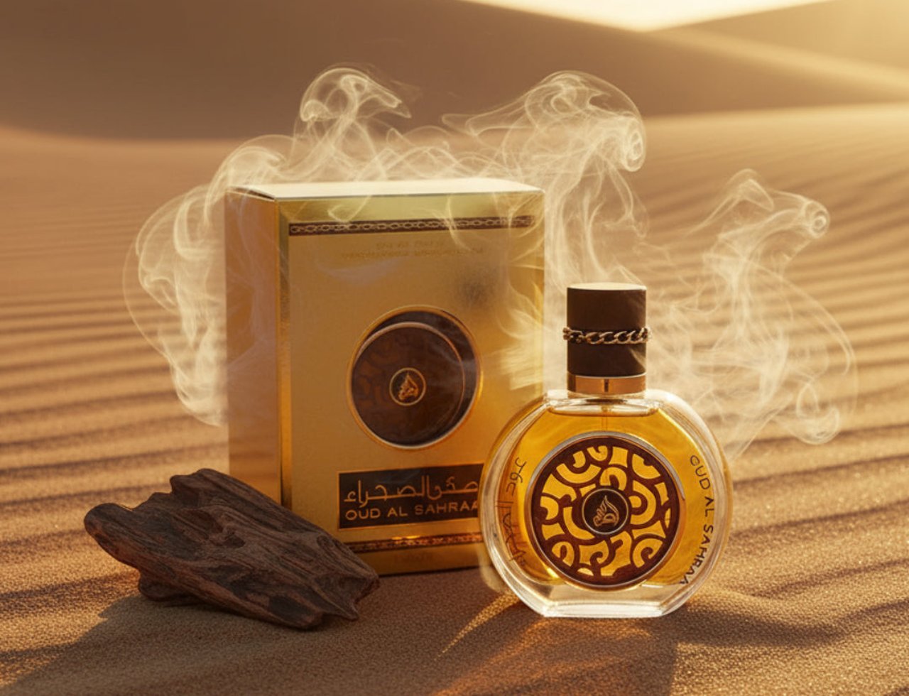 Lattafa Oud Al Sahraa – Kotak minyak wangi emas dan botol kaca bulat bertali emas, terletak di atas pasir gurun bersama kayu oud dan asap.