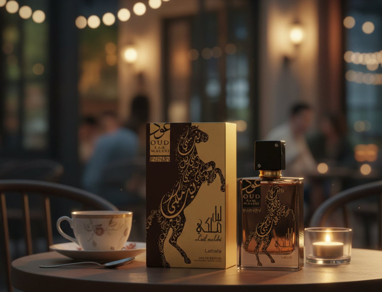 Lattafa Oud Lail Maleki by Lattafa 100 ml Unisex — Perfume bottle and box displayed on a table with a teacup and lit candle in a cafe setting.