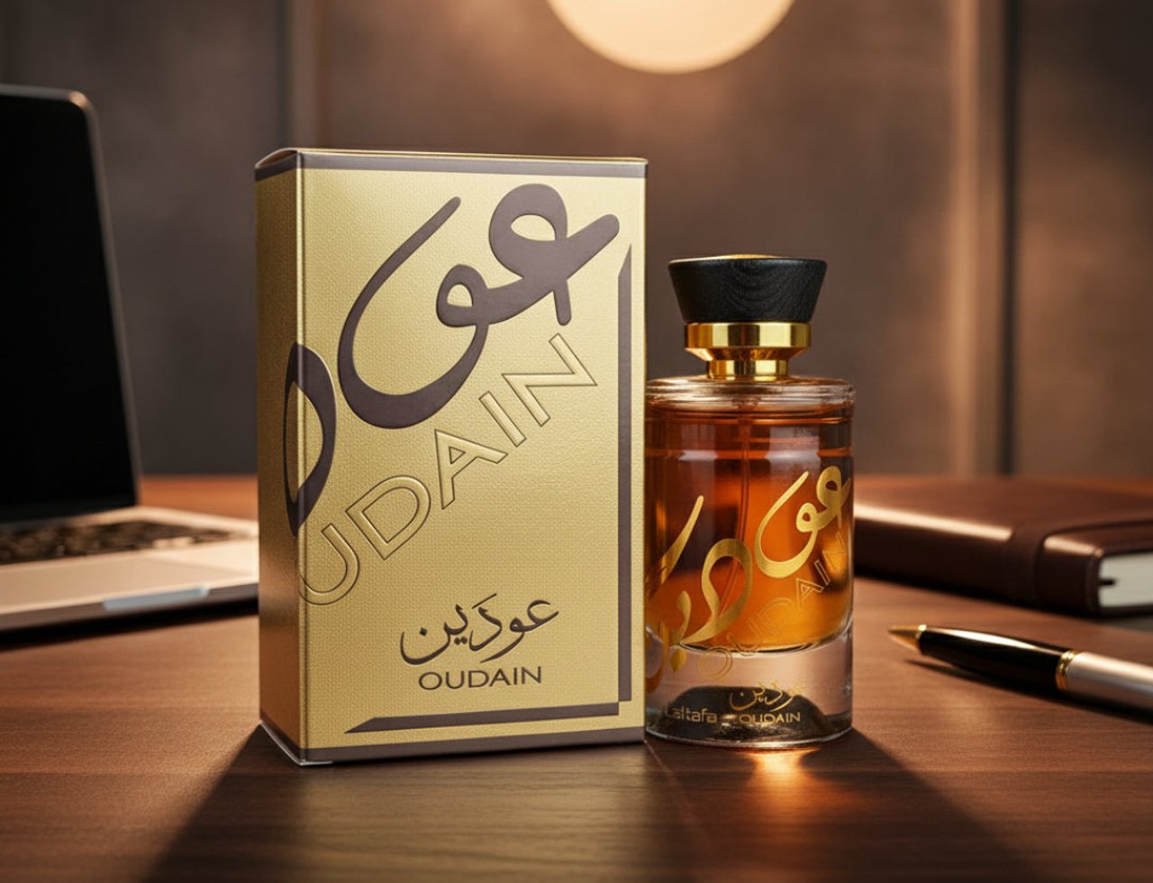 Lattafa Oudain by Lattafa Perfumes 100ml EDP for Men — Gold box and amber glass perfume bottle with gold accents on a wooden desk, laptop and notebook in background.