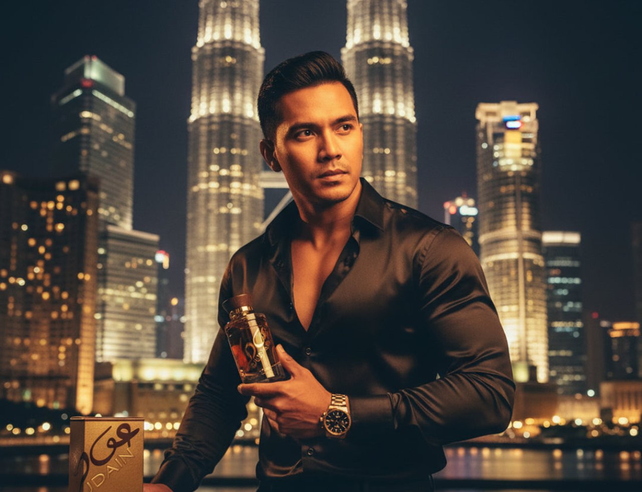 Lattafa Oudain by Lattafa Perfumes 100ml EDP untuk Lelaki — Lelaki pegang botol dan kotak wangian di hadapan Menara Berkembar Petronas waktu malam