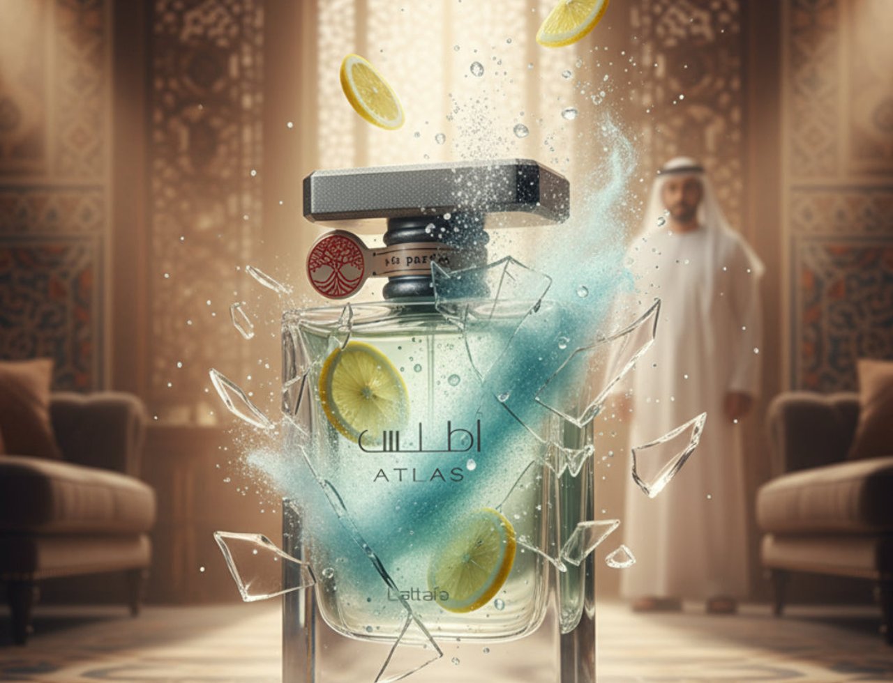 Lattafa Atlas by Lattafa EDP 55 ml Men — Fragrance bottle shattering with lemons and blue mist exploding outwards.