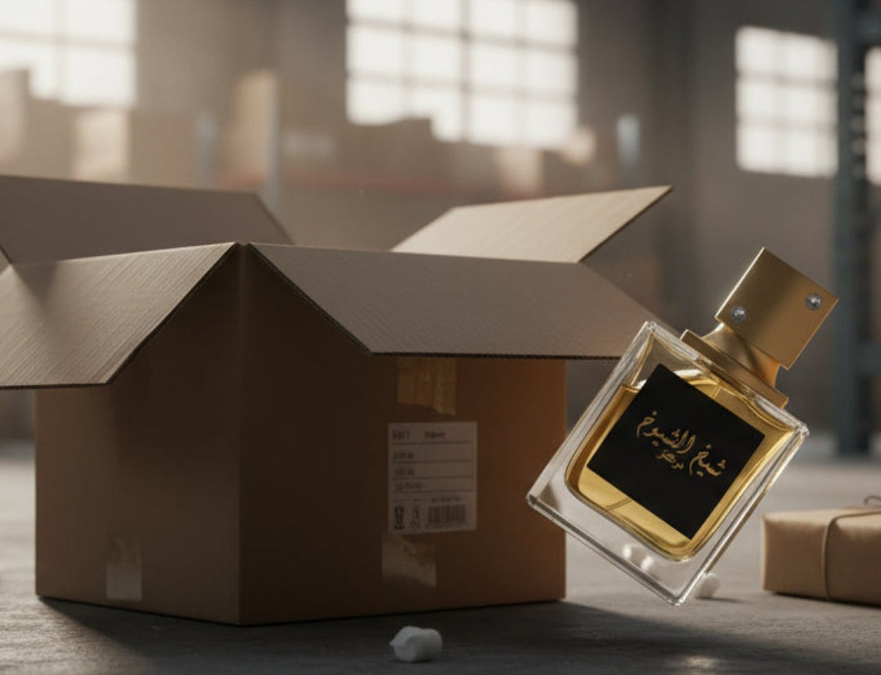 Lattafa Sheikh Al Shuyukh Concentrated by Lattafa 100ml — A clear glass perfume bottle with a gold cap and black label tilted in front of an open cardboard box in a warehouse setting