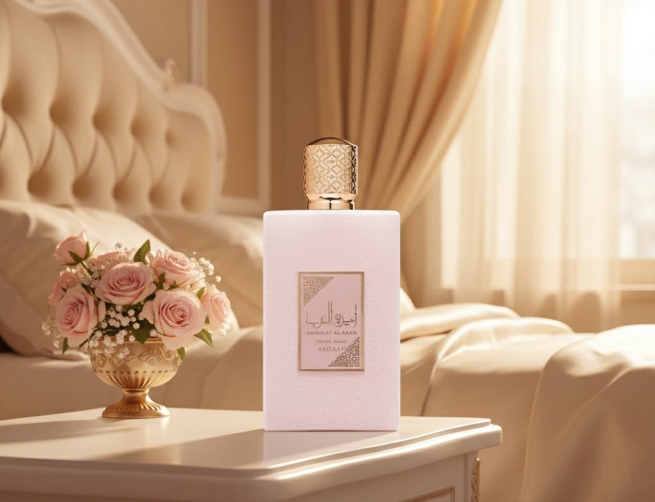 Asdaaf Ameerat Al Arab Prive Rose by Lattafa 100ml — botol wangian merah jambu di atas meja sisi katil, berlatar belakang katil mewah dan langsir keemasan, dengan jambangan mawar merah jambu di sebelah kiri