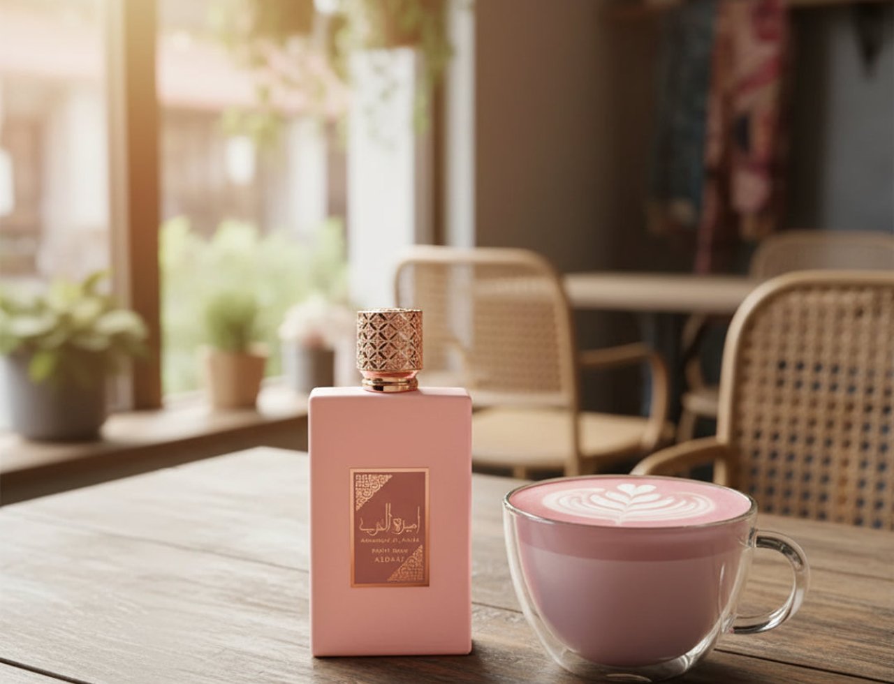 Lattafa Ameerat Al Arab Prive Rose — Pink perfume bottle next to a pink latte with latte art on a wooden table