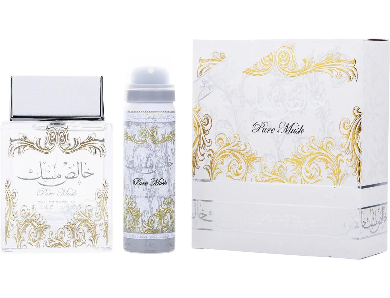 Lattafa Pure Musk by Lattafa (Khalis Musk) 100ml EDP — A white gift set featuring a clear glass perfume bottle with gold ornate details and Arabic script, a matching deodorant spray, and a decorative white box with gold scrollwork.