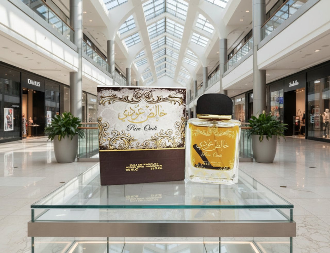 Lattafa Khalis Pure Oudi by Lattafa EDP 100ml — A bottle of golden perfume and its brown and gold patterned box displayed on a glass table in a modern shopping mall.
