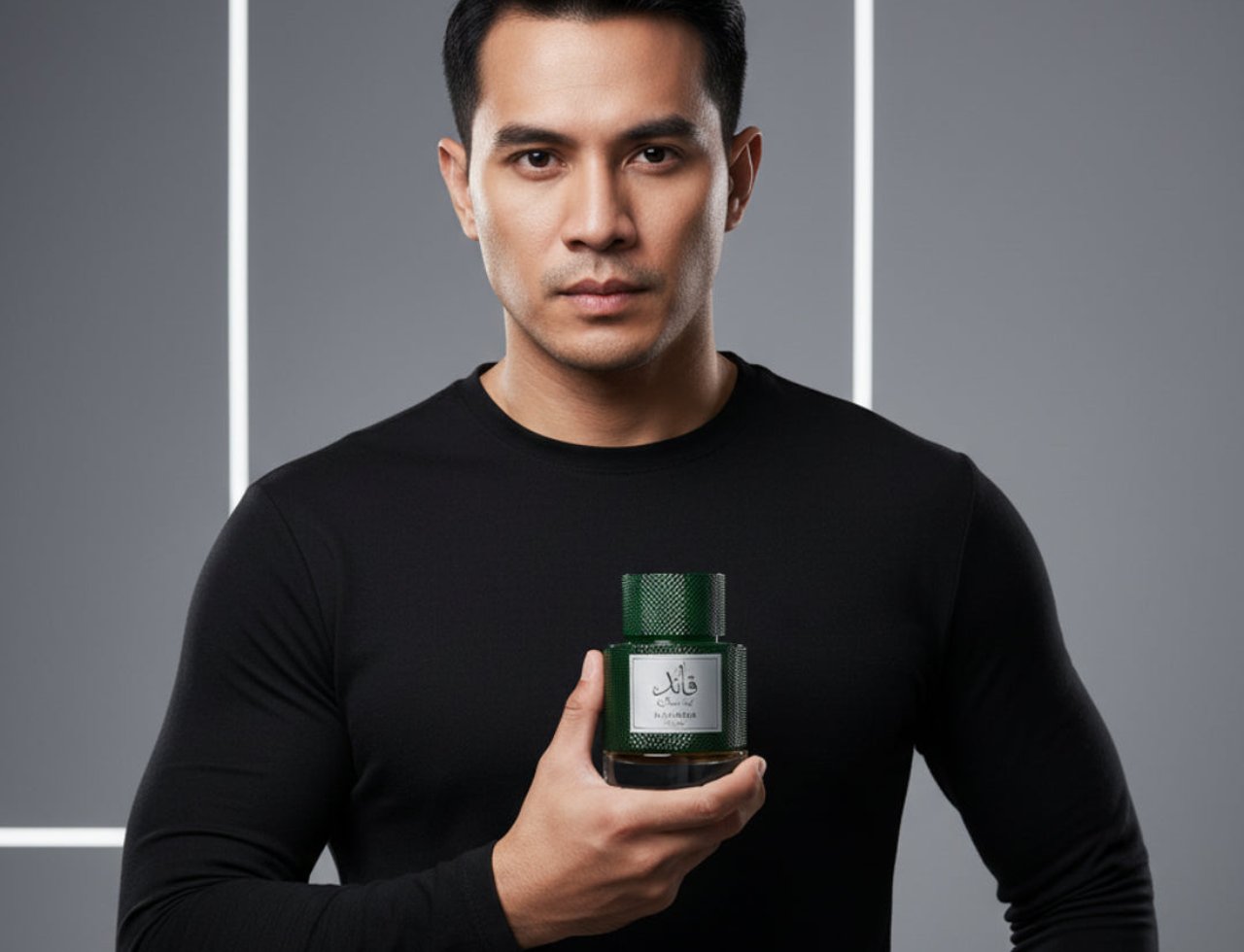 Lattafa Qaaed Intense by Lattafa 100ml EDP — Lelaki berbaju hitam lengan panjang pegang botol minyak wangi hijau bertekstur dengan label putih