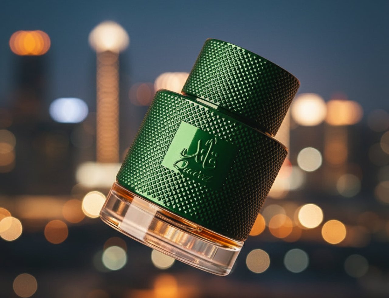 Lattafa Qaaed Al Shabaab by Lattafa 100ml for Men — Green textured perfume bottle with a silver emblem, angled against a blurred city night background with bokeh lights.