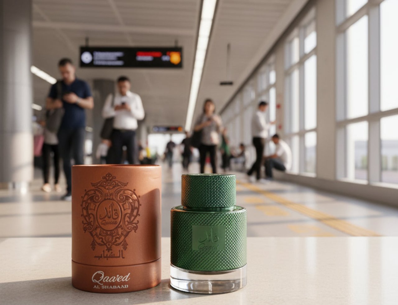 Lattafa Qaaed Al Shabaab by Lattafa 100ml untuk Lelaki — Botol wangian hijau bertekstur dan kotak silinder coklat dengan rekaan timbul di permukaan cerah, latar belakang kabur orang ramai di stesen transit moden.