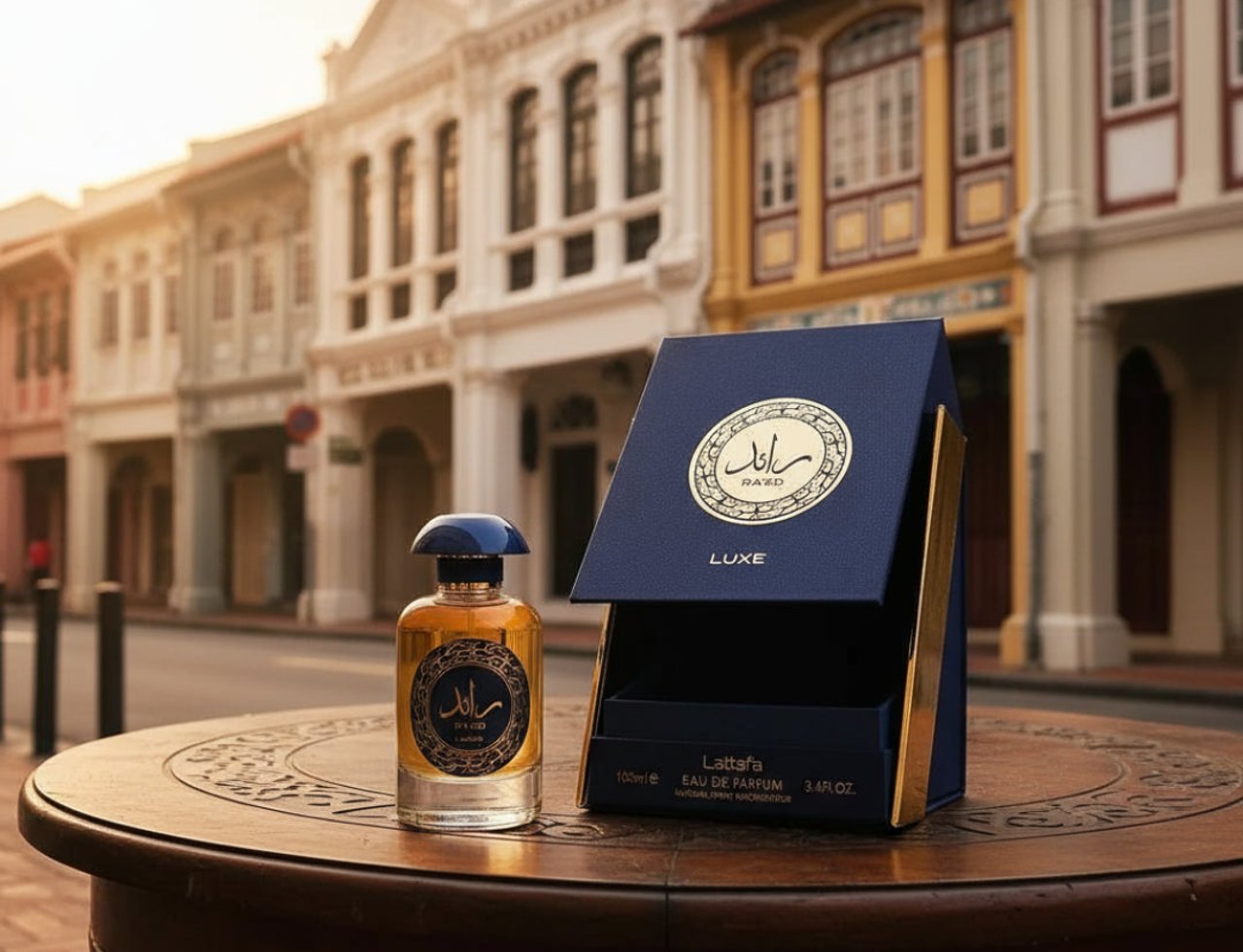 Lattafa Raed Luxe by Lattafa 100ml EDP Unisex — Botol minyak wangi kaca jernih bertudung biru dan berlabel emas diletakkan di atas meja kayu bersebelahan kotak persembahan biru gelap terbuka berbingkai emas, berlatar belakang kedai kedai berwarna-warni.