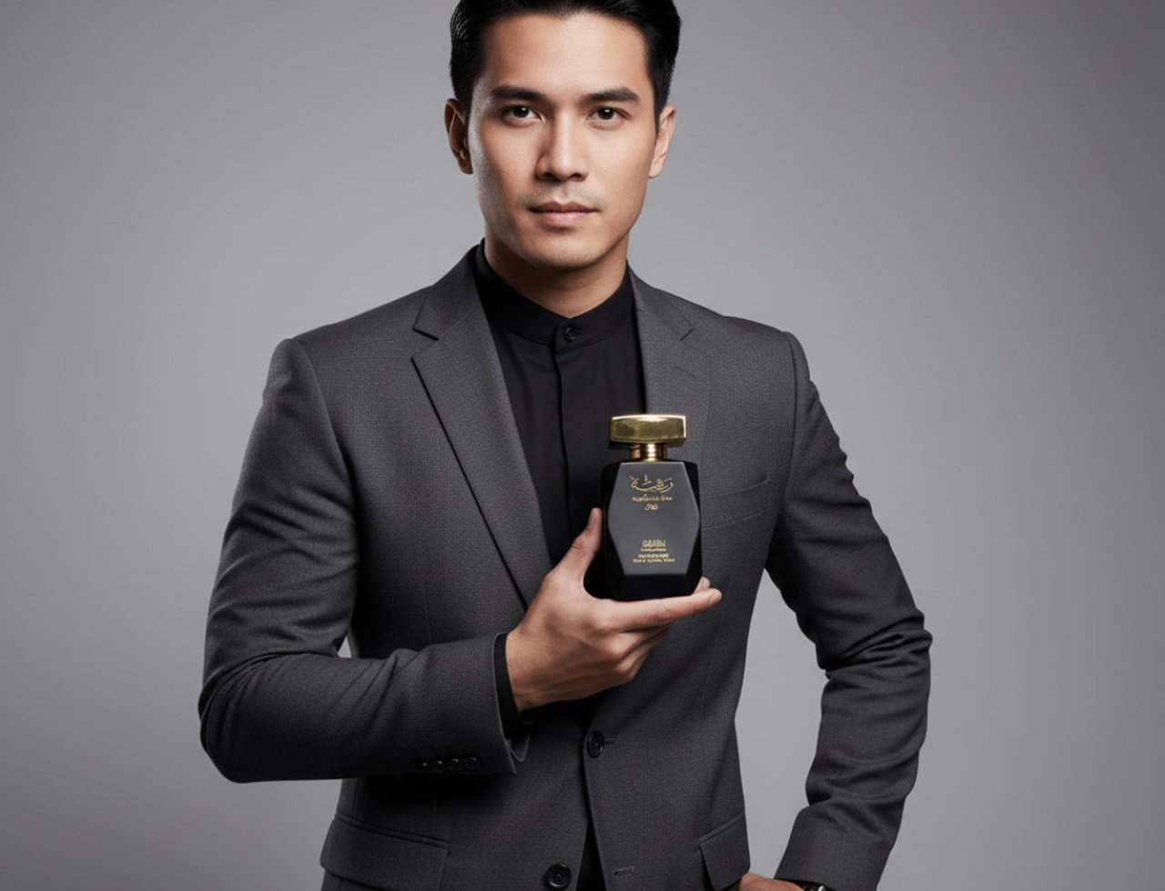 Lattafa Raghba for Men Lattafa 100ml EDP — Man in a grey suit holding a black perfume bottle with a gold cap.