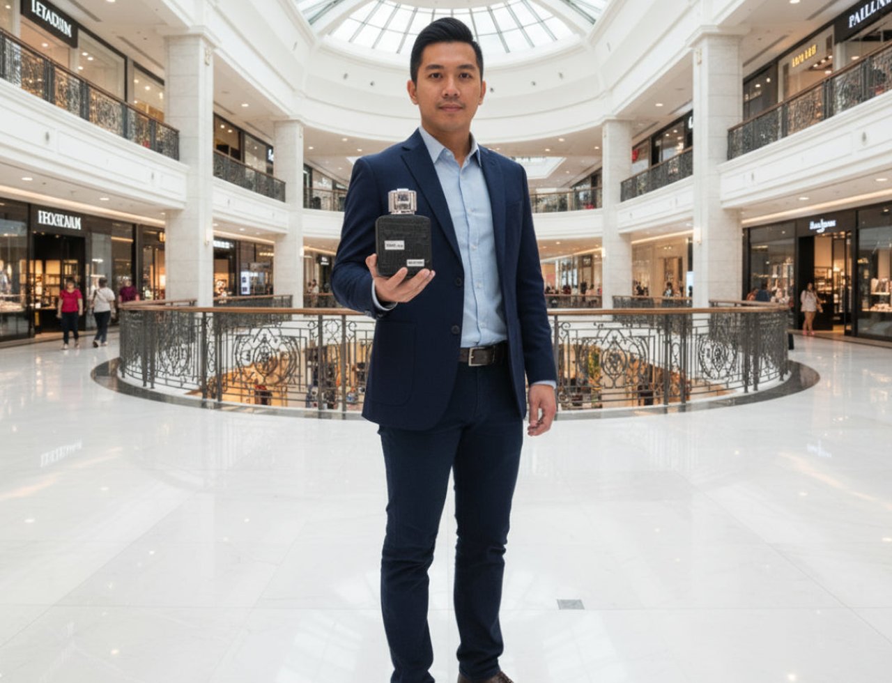 Lattafa Ramz Silver by Lattafa 100ml EDP for Men — Lelaki berbaju sut memegang botol minyak wangi hitam dengan perincian perak di pusat membeli-belah.