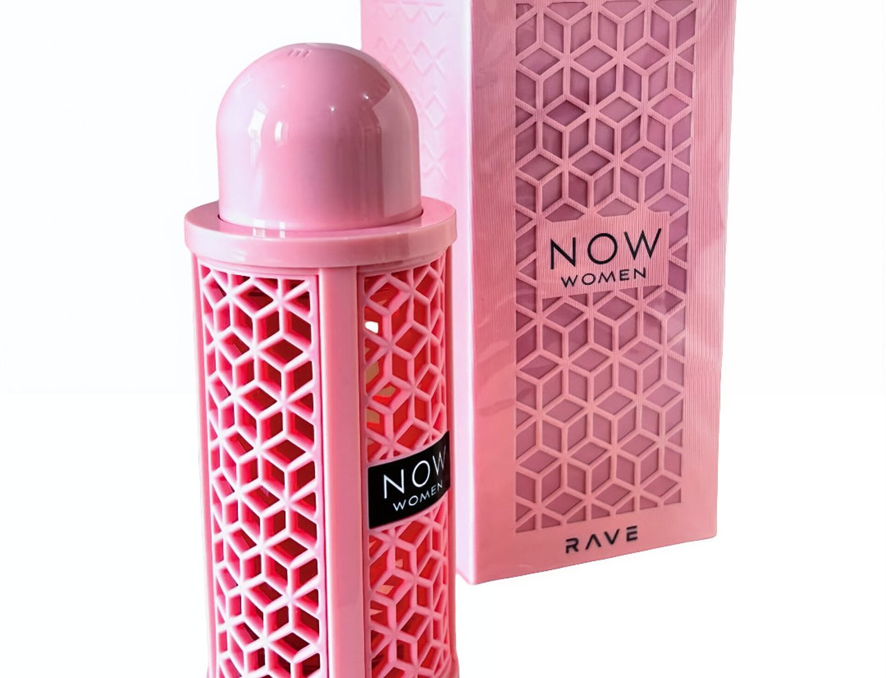 Now Women by Rave Lattafa Perfumes 100ml Eau de Parfum — Pink patterned box and bottle with geometric cutouts, featuring the 'NOW WOMEN' logo.