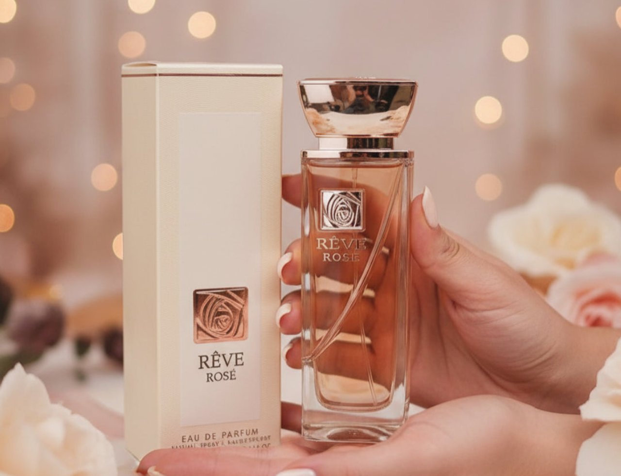 Lattafa Reve Rose VURV By Lattafa 100ml EDP — Tangan wanita memegang botol minyak wangi kaca jernih berlogo mawar dan penutup emas, bersebelahan kotak berwarna krimnya, dengan lampu bokeh lembut di latar belakang.