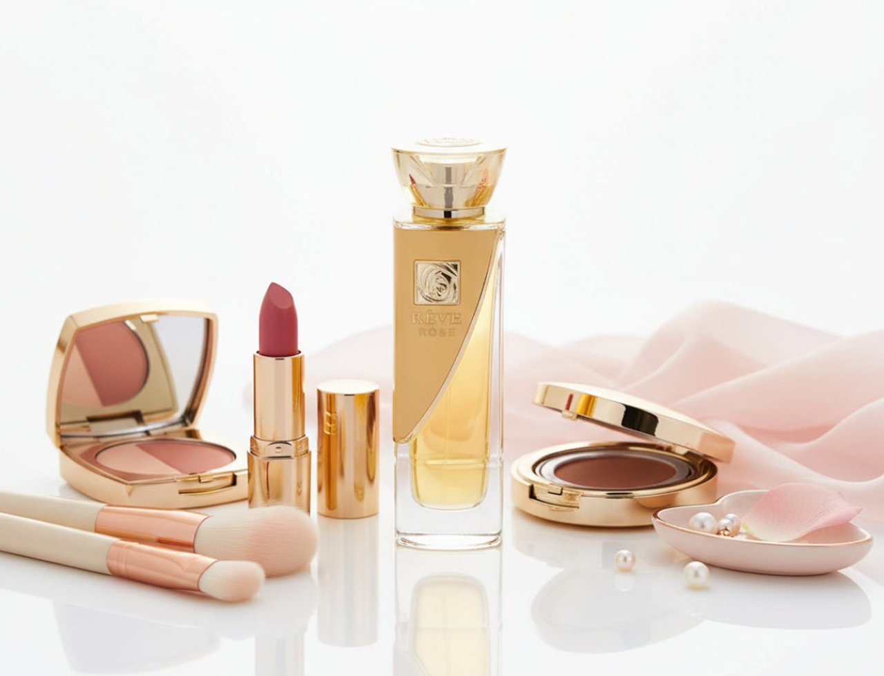Lattafa Reve Rose VURV By Lattafa 100ml EDP — Gold-accented perfume bottle with lipstick, blush palette, powder compact, and makeup brushes on a white surface with pink silk fabric.