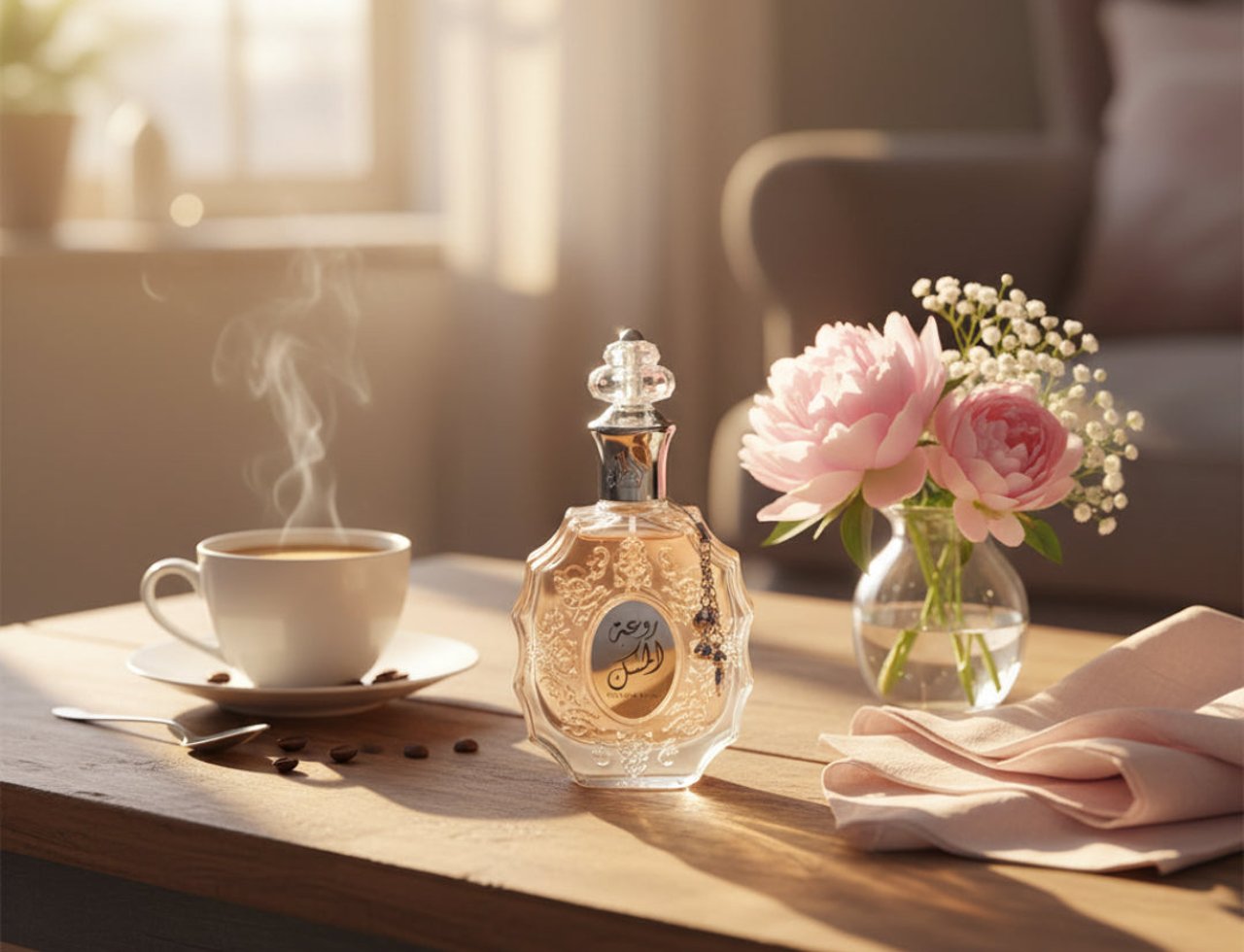 Lattafa Rouat Al Musk by Lattafa 100ml for Women — A clear glass perfume bottle with ornate gold detailing sits on a wooden table next to a steaming cup of coffee and a small vase of pink peonies and baby's breath.
