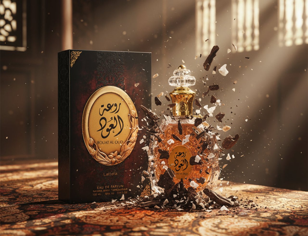 Lattafa Rouat Al Oud by Lattafa 100ml EDP Unisex — Kotak coklat gelap dengan kaligrafi Arab emas dan lambang bujur emas berdiri di sebelah botol minyak wangi kaca yang meletup, dengan serpihan kayu gelap dan zarah putih berterbangan keluar, berlatar belakang cahaya matahari menembusi tingkap berhias.