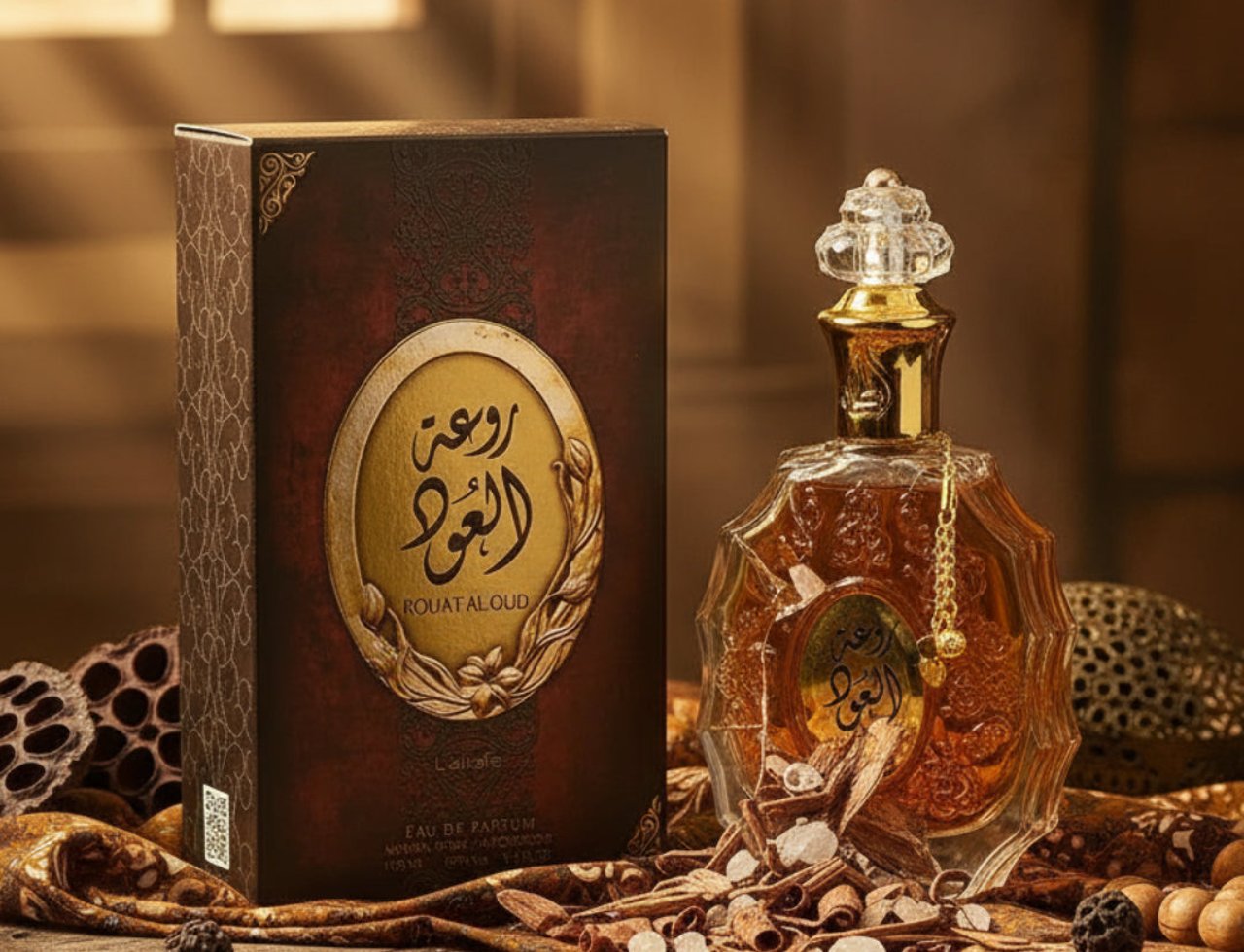 Lattafa Rouat Al Oud by Lattafa 100ml EDP Unisex — A brown box with Arabic calligraphy and gold accents stands next to a faceted glass perfume bottle filled with amber liquid, on a wooden surface with scattered spices and dried botanicals.