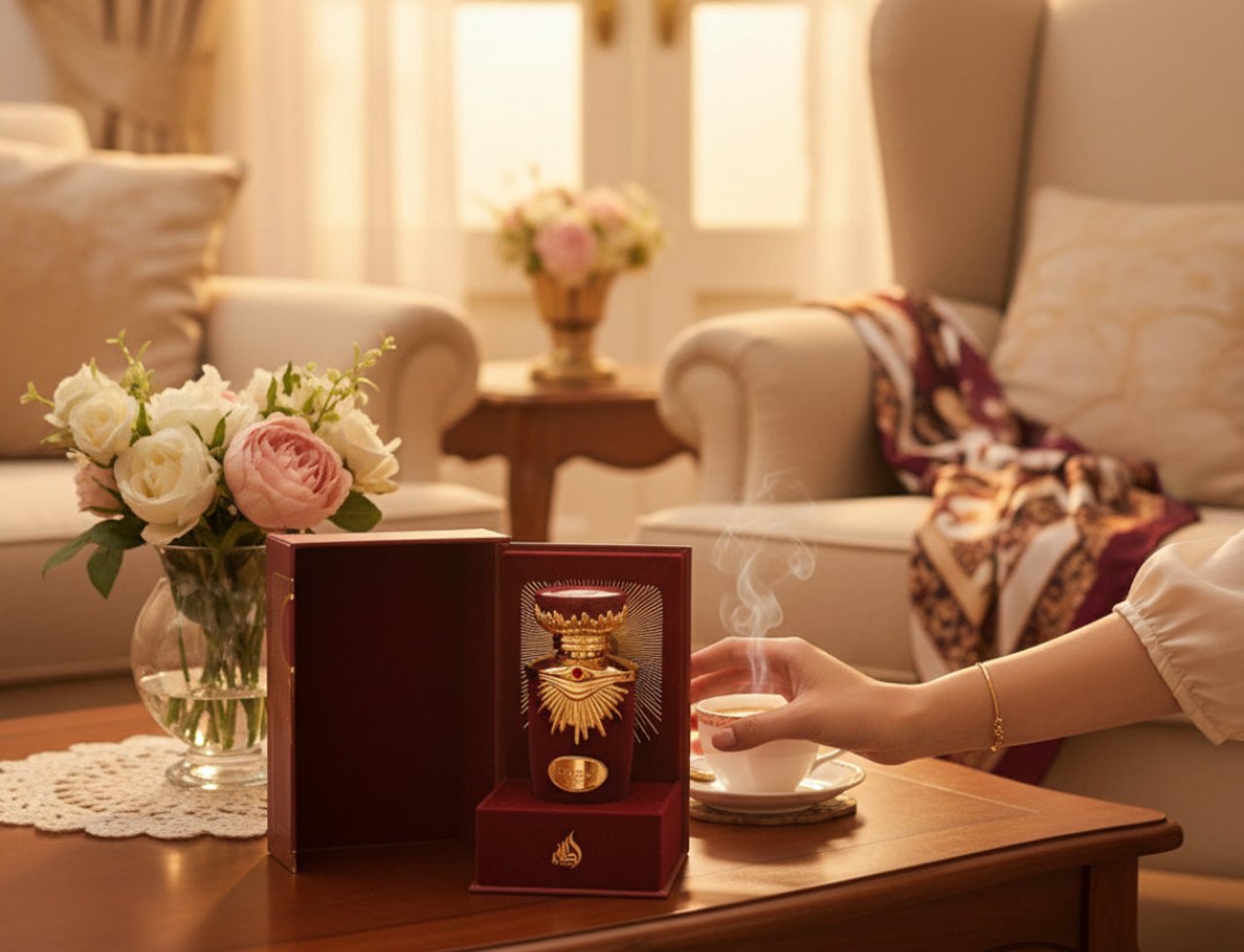 Lattafa Sakeena by Lattafa 100ml EDP Women — A luxurious perfume bottle with a golden crown-like cap and red jewel, presented in an open red velvet box on a wooden table. A hand holds a steaming cup of coffee next to it, with a bouquet of roses in the background.