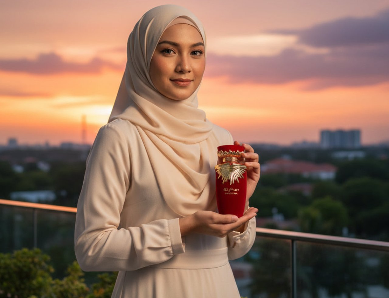 Lattafa Sakeena by Lattafa 100ml EDP Women — Wanita bertudung dan berbaju krim memegang botol minyak wangi merah berhiasan emas dengan latar langit senja.