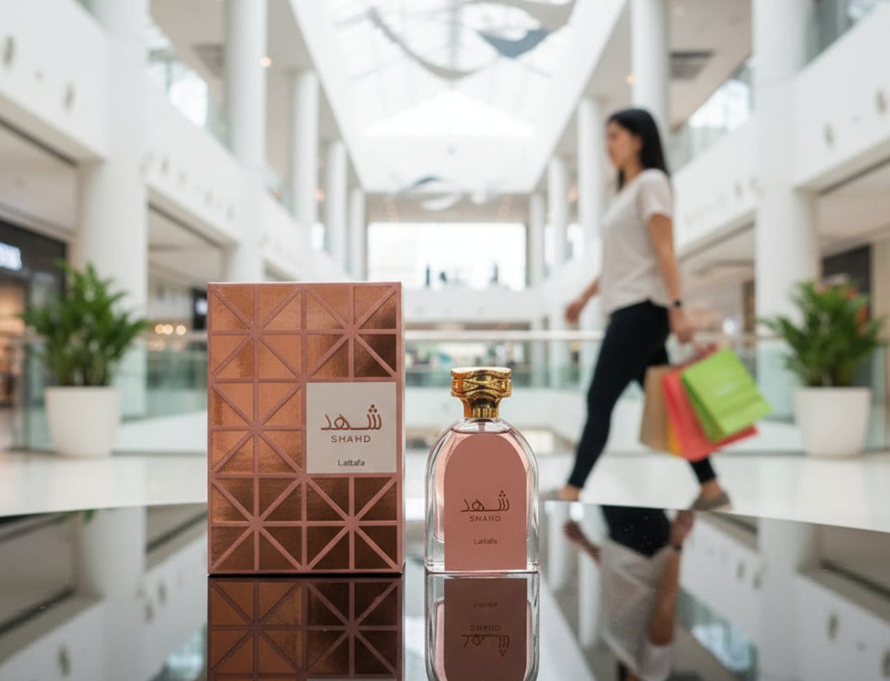Lattafa Shahd by Lattafa Perfumes 100 ml Women — Rose gold patterned box and perfume bottle with gold cap, reflected on a glossy surface in a mall setting.