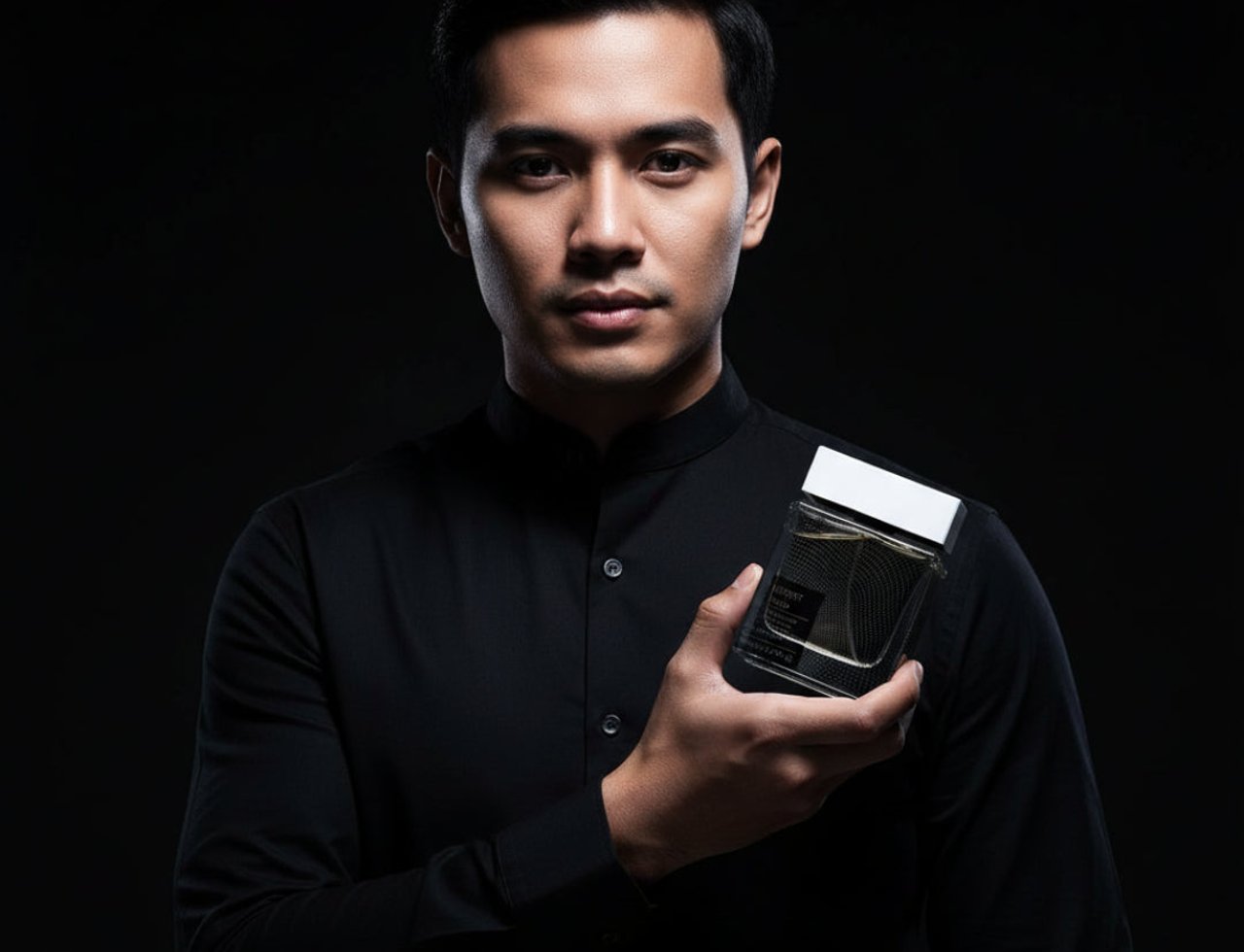 Lattafa Suqraat by Lattafa 100ml EDP Men — Man in black shirt holding a clear perfume bottle with a white cap against a dark background.