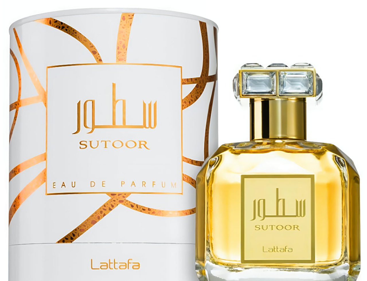 Lattafa Sutoor 100ml EDP untuk Wanita — Kotak silinder putih dengan corak geometri emas dan botol minyak wangi kaca bertutup emas dengan label segi empat.