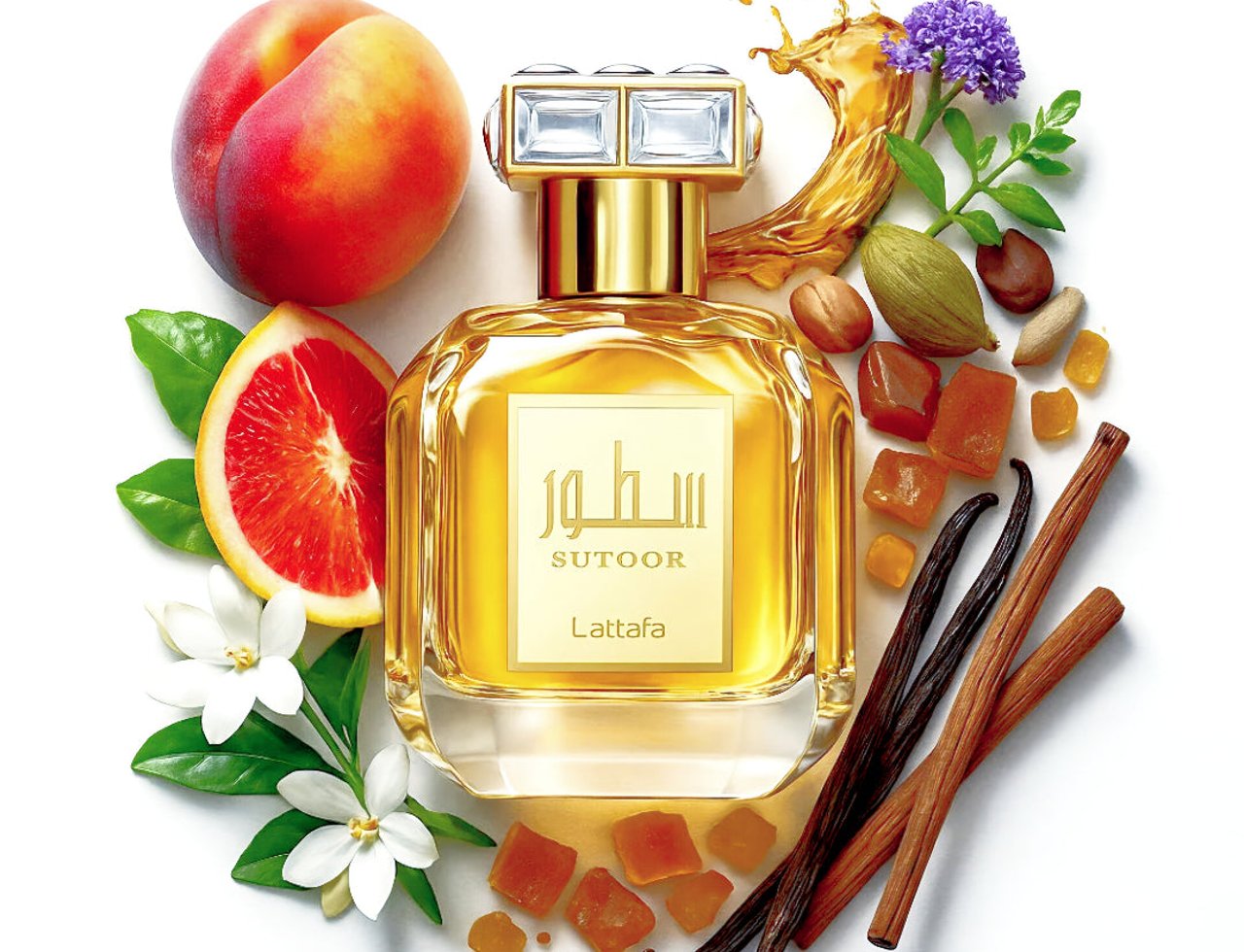 Lattafa Sutoor 100ml EDP for Women by Lattafa Perfumes — A golden perfume bottle surrounded by ingredients like peach, grapefruit, vanilla pods, cinnamon sticks, and amber cubes.