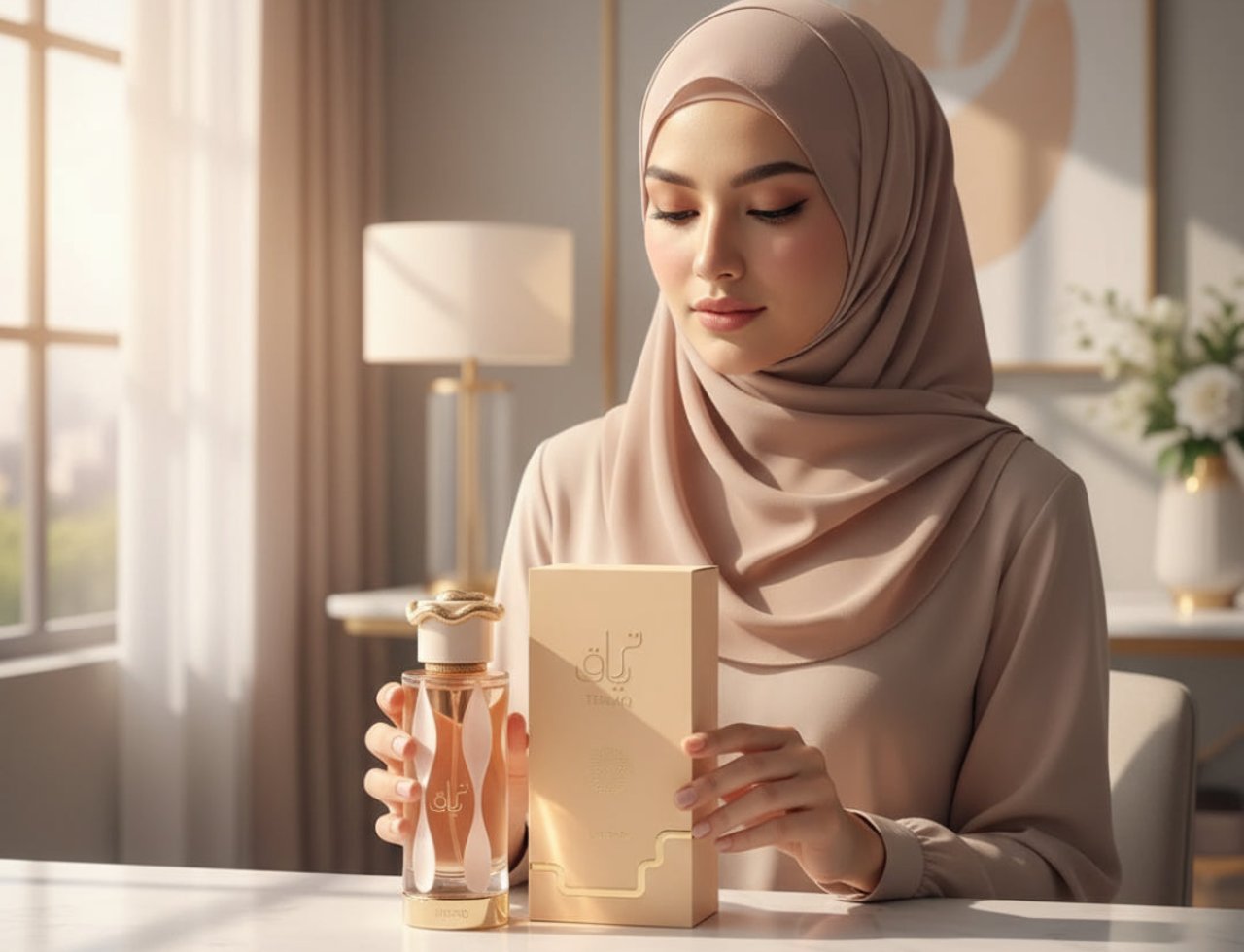 Lattafa Teriaq by Lattafa 100ml EDP Unisex — Wanita bertudung pegang botol minyak wangi emas dan kotaknya, duduk di meja dengan cahaya semula jadi lembut.
