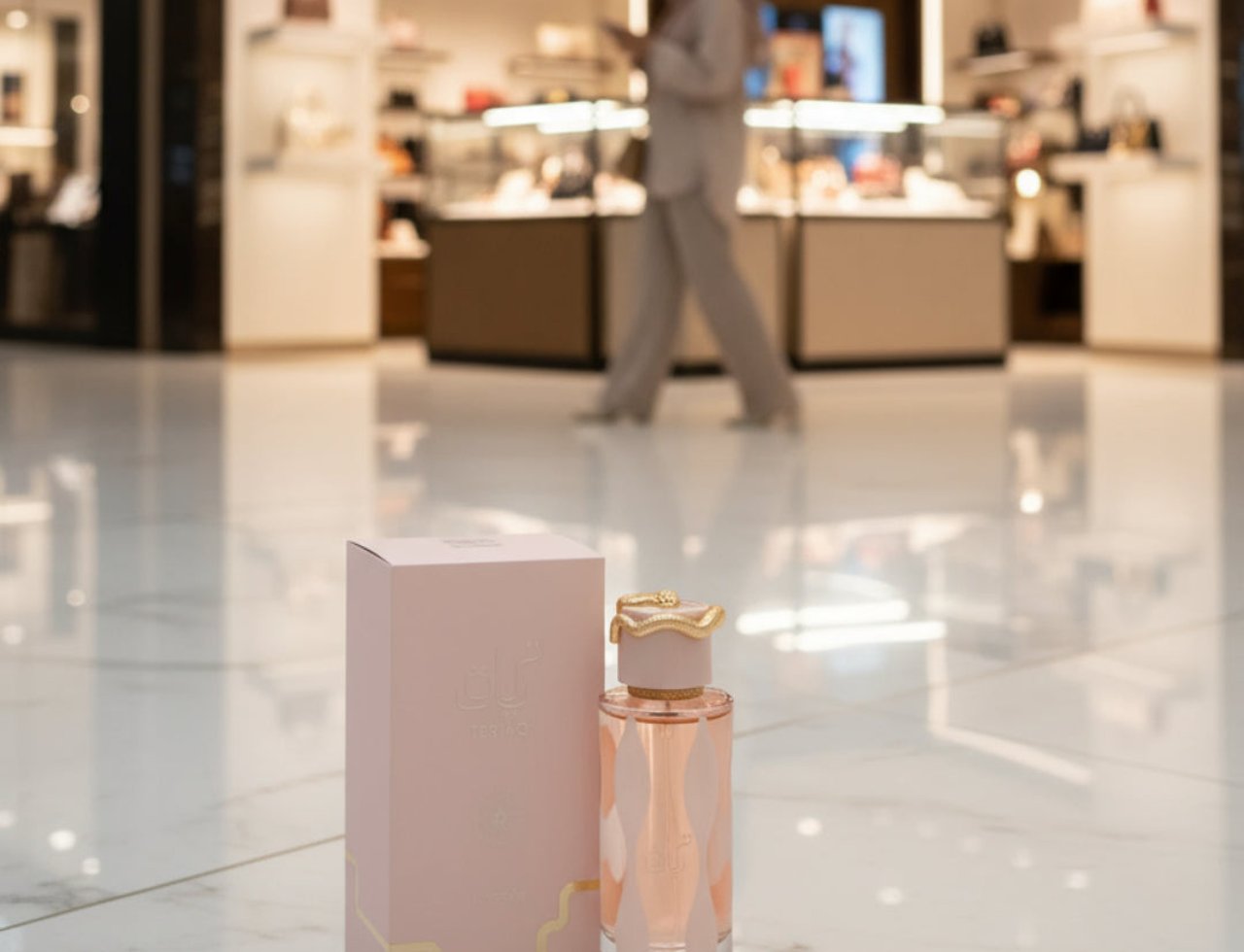 Lattafa Teriaq by Lattafa 100ml EDP Unisex — Pink perfume box and bottle with gold accents on a marble floor, blurred background of a luxury store.