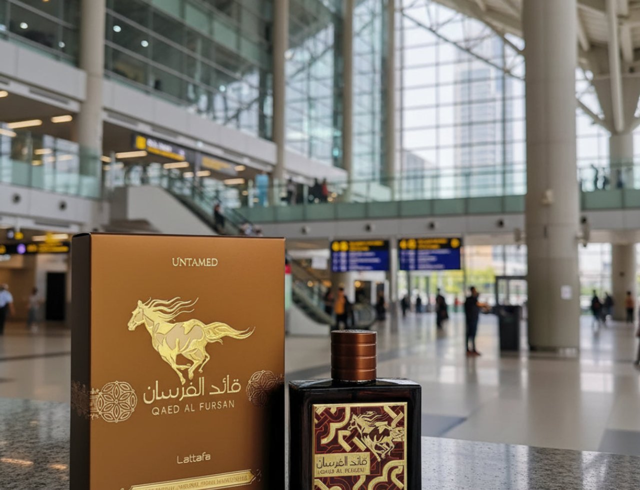 Lattafa Qaed Al Fursan Untamed — A brown box and a dark glass perfume bottle with gold accents, set on a speckled surface with a blurred airport terminal background.